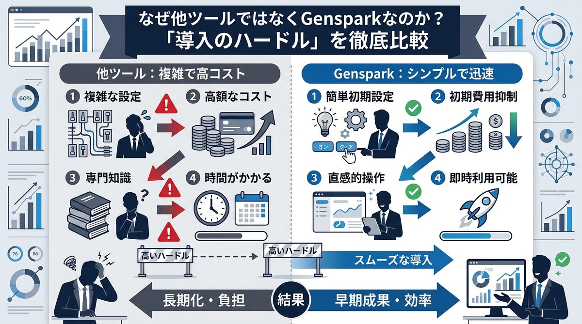 図解：なぜ他ツールではなくGensparkなのか？「導入のハードル」を徹底比較
