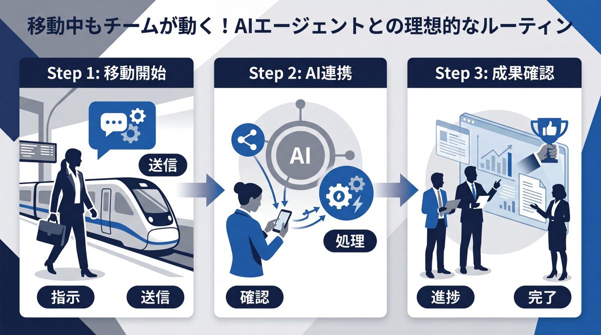図解：移動中もチームが動く！AIエージェントとの理想的なルーティン