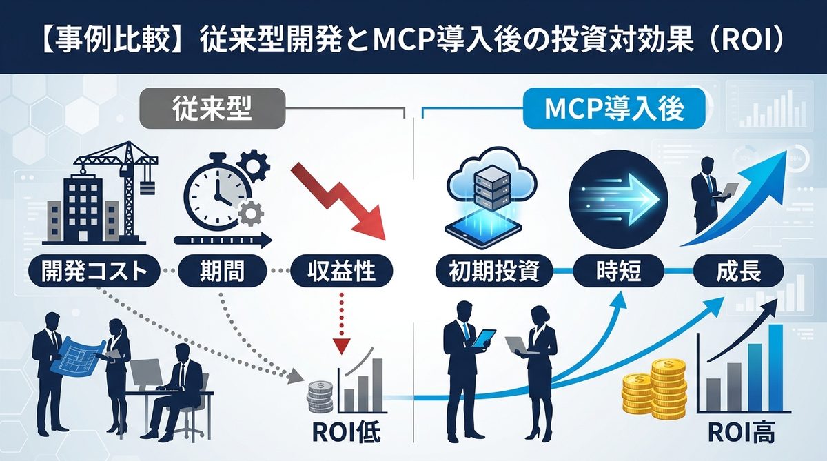 図解:【事例比較】従来型開発とMCP導入後の投資対効果(ROI)