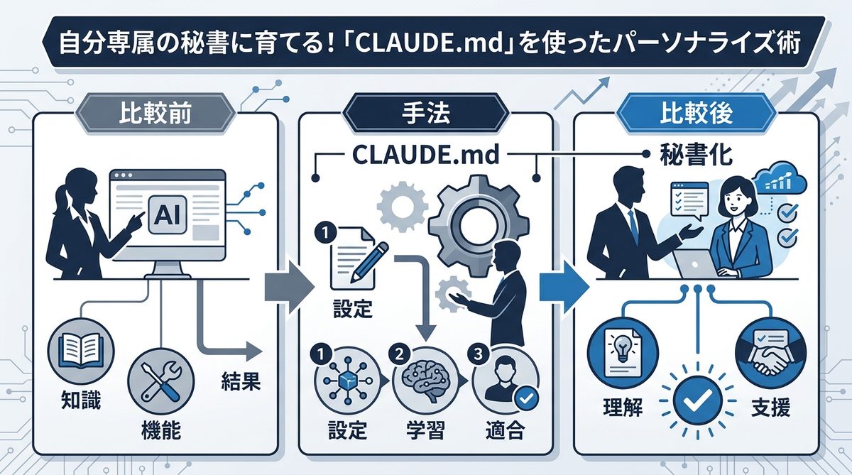 図解：自分専属の秘書に育てる！「CLAUDE.md」を使ったパーソナライズ術