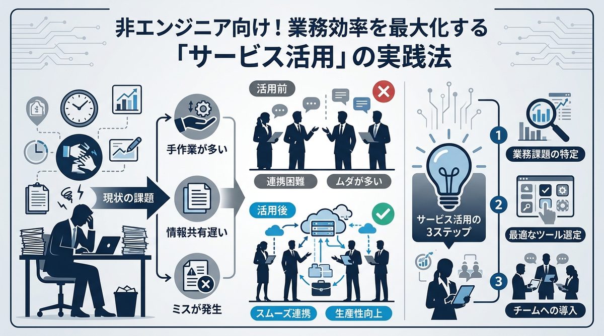 図解：非エンジニア向け！業務効率を最大化する「サービス活用」の実践法