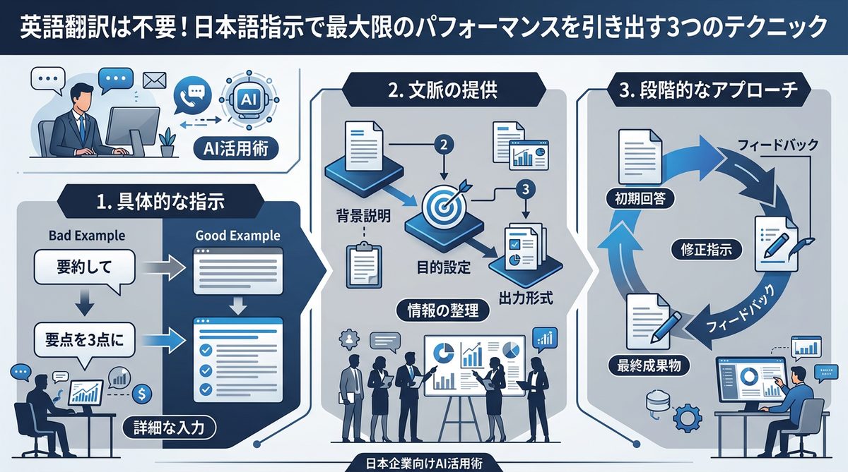 図解:英語翻訳は不要!日本語指示で最大限のパフォーマンスを引き出す3つのテクニック