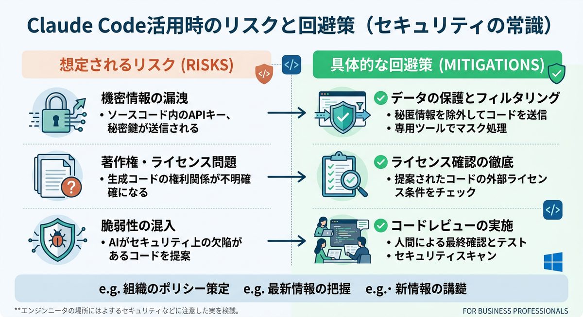 図解：Claude Code活用時のリスクと回避策（セキュリティの常識）