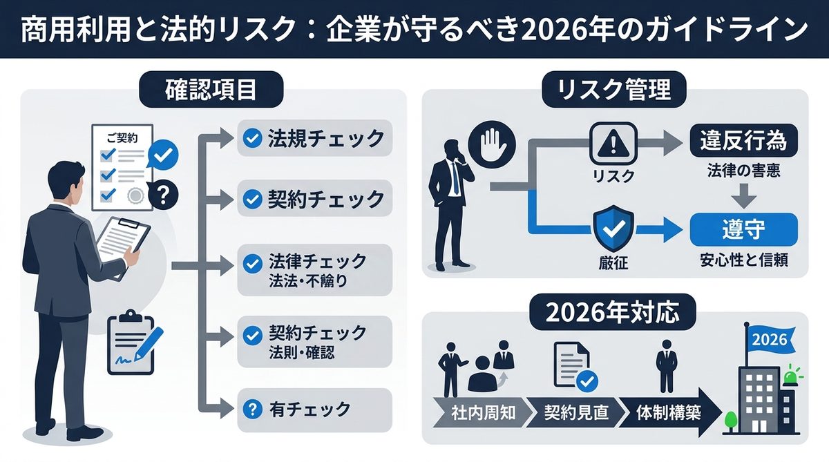 図解：商用利用と法的リスク：企業が守るべき2026年のガイドライン