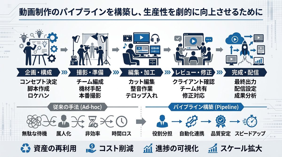 図解：動画制作のパイプラインを構築し、生産性を劇的に向上させるために