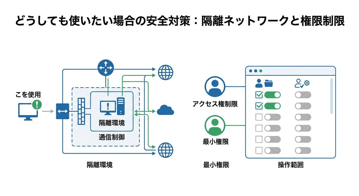 図解:どうしても使いたい場合の安全対策:隔離ネットワークと権限制限