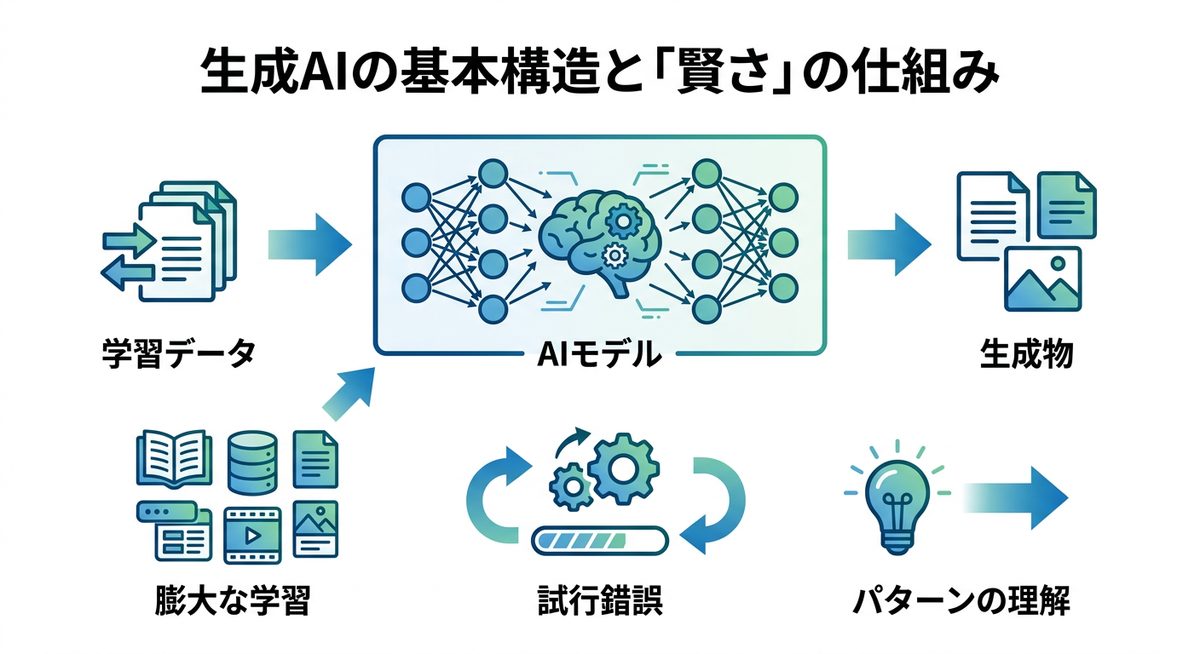 図解：生成AIの基本構造と「賢さ」の仕組み