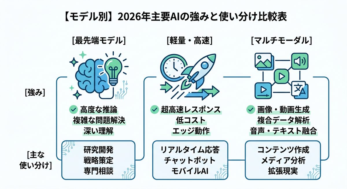 図解：【モデル別】2026年主要AIの強みと使い分け比較表