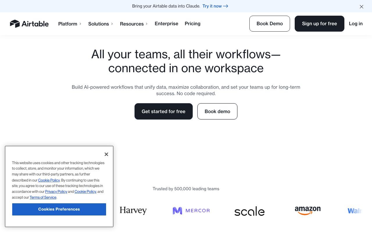 Airtableの公式サイトトップページ