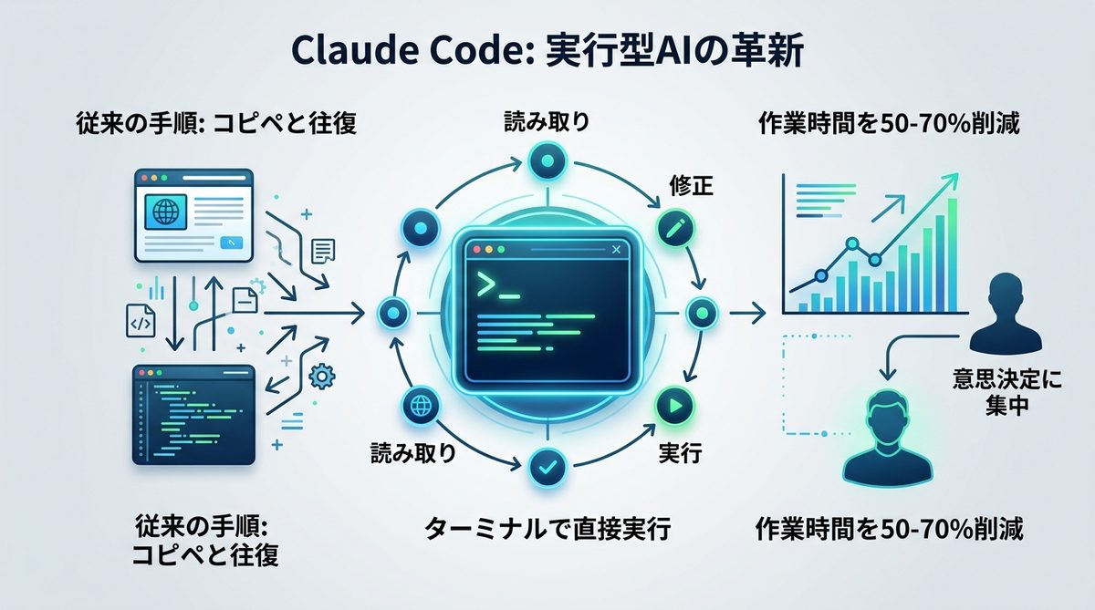 図解:1. Claude Codeとは?なぜ「黒い画面」がビジネスを変えるのか