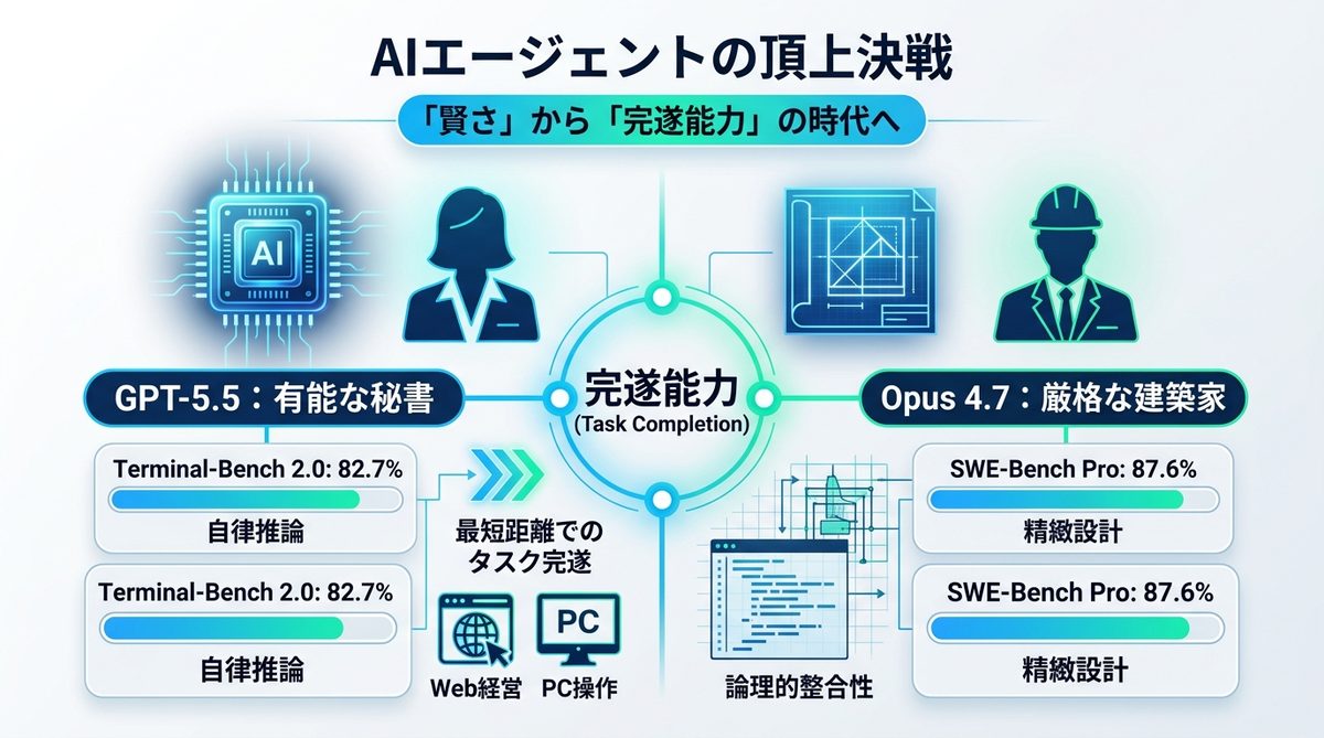 図解：AIエージェントの頂上決戦｜「賢さ」から「完遂能力」の時代へ