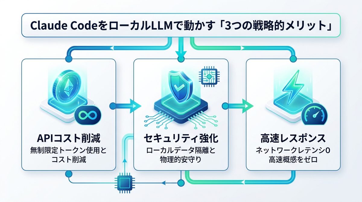 図解:Claude CodeをローカルLLMで動かす「3つの戦略的メリット」