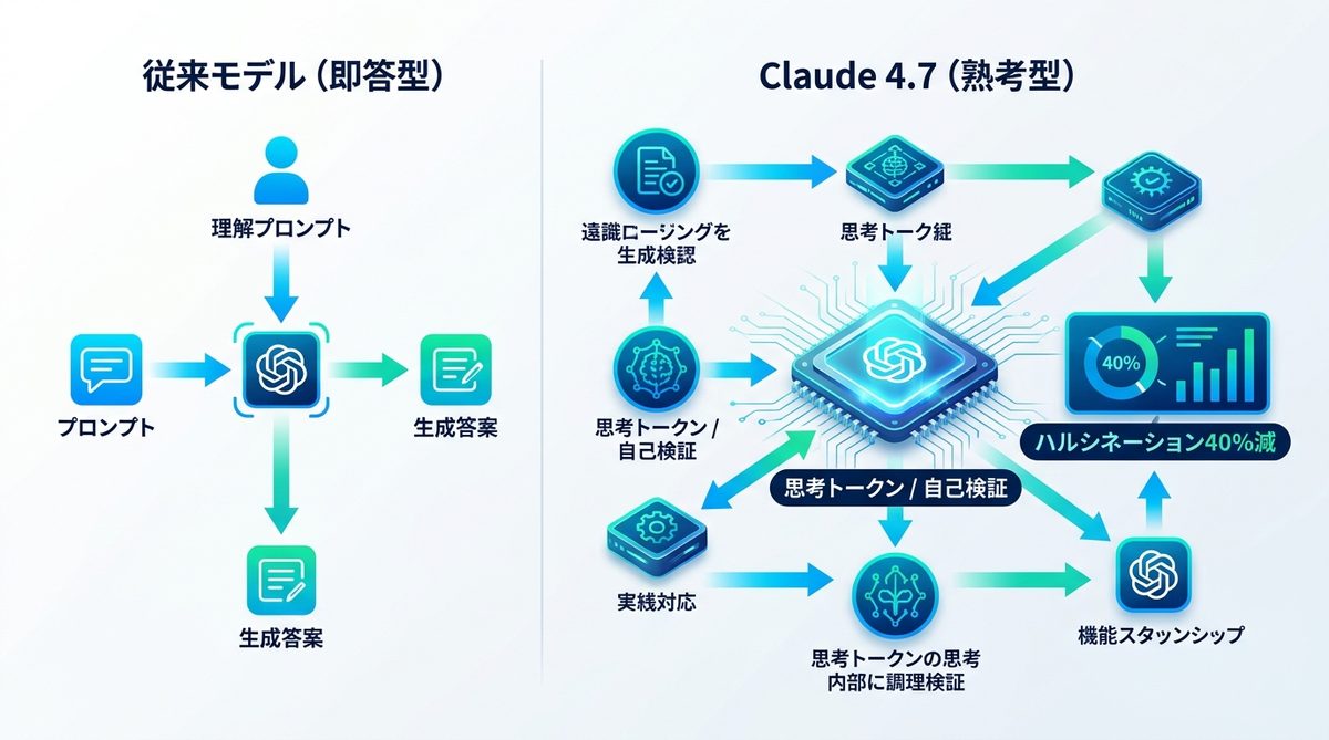 図解：Claude Opus 4.7で「思考」が変わる？ハルシネーション40%減の秘密