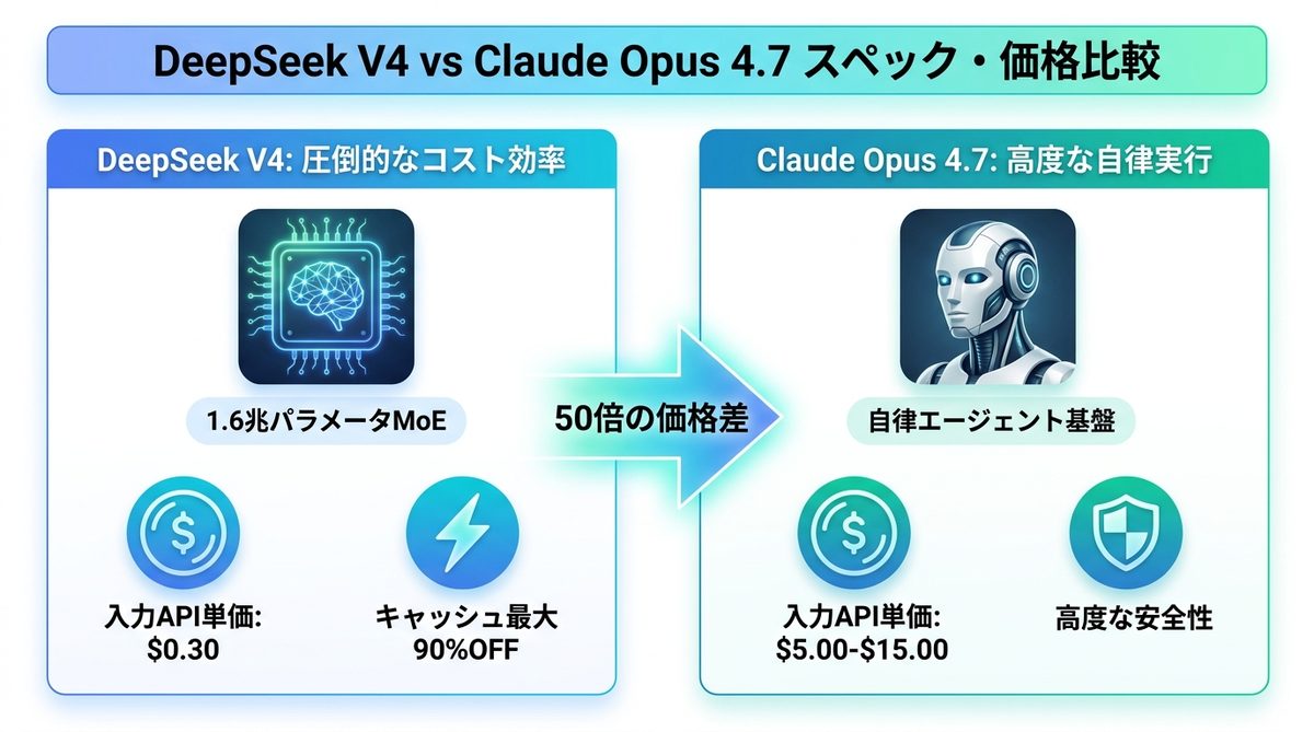 図解：DeepSeek V4とClaude Opus 4.7のスペック・価格比較表