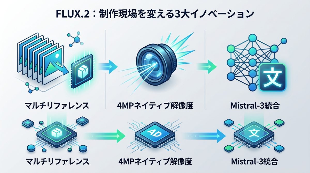 図解：FLUX.2 とは？制作現場の「修正コスト」をゼロにする3大イノベーション