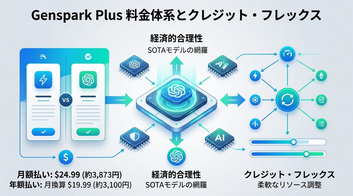 図解：Genspark Plusの料金体系と2026年最新の「クレジット・フレックス」