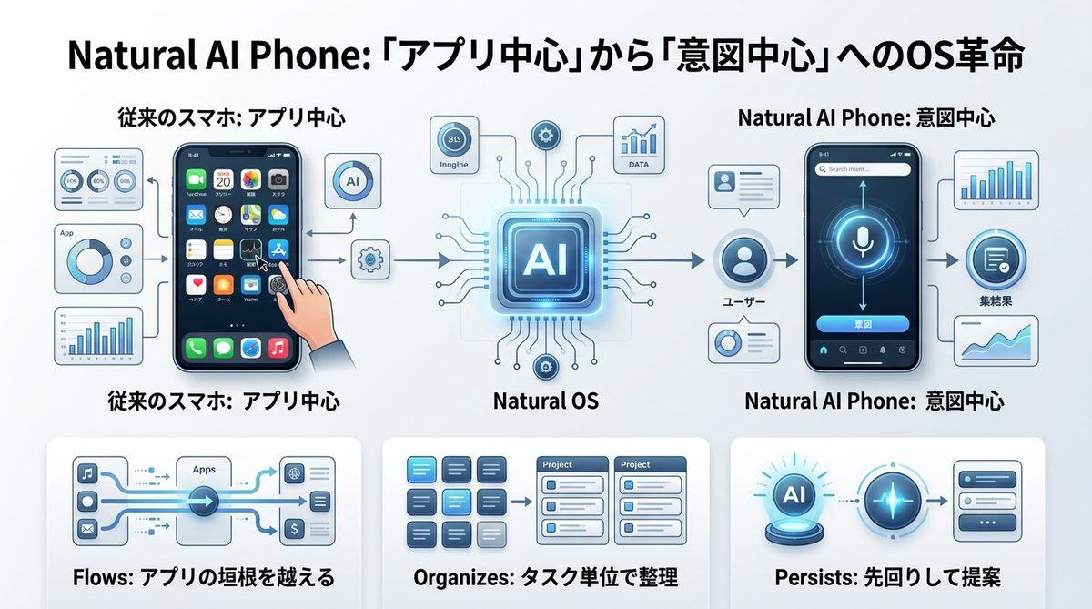 図解：Natural AI Phone とは？「アプリ中心」から「意図中心」へのOS革命