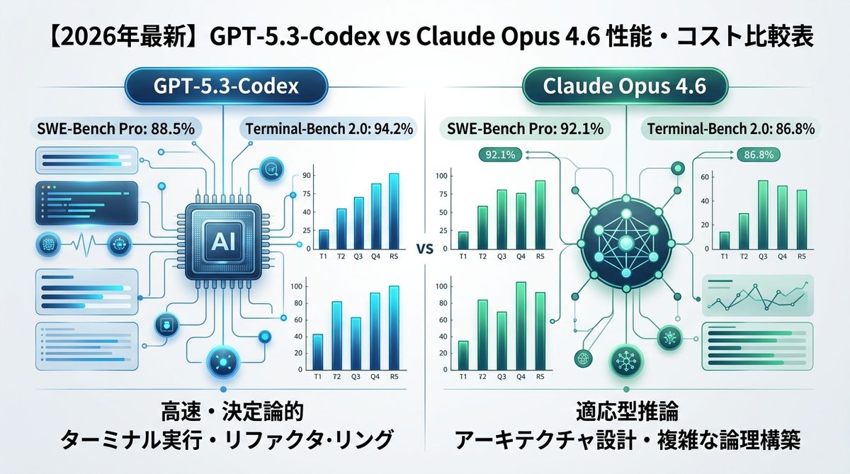 図解：【2026年最新】GPT-5.3-CodexとClaude Opus 4.6の性能・コスト比較表