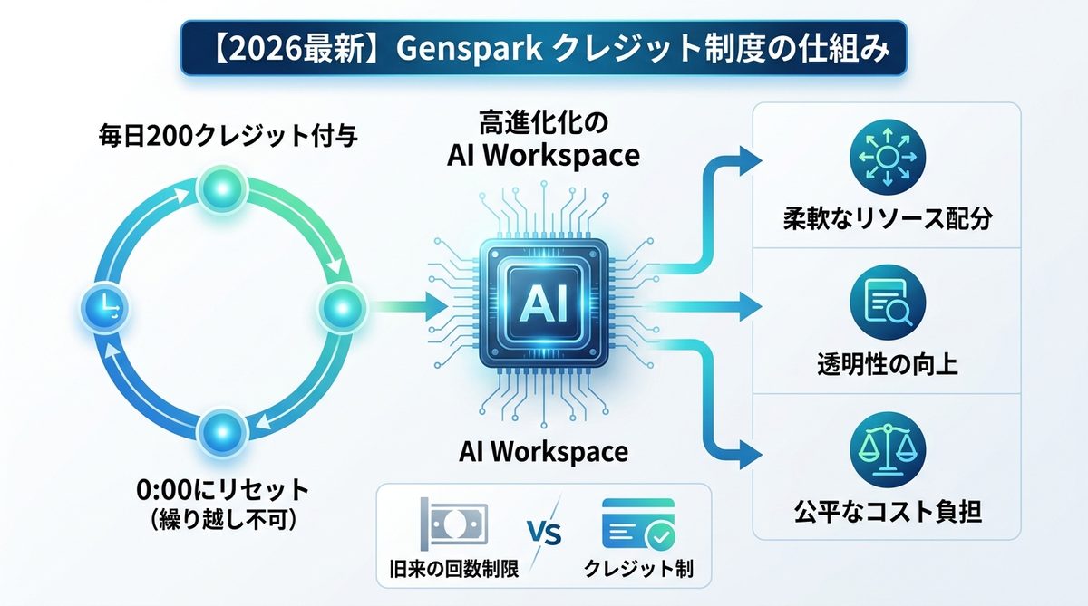 図解：【2026年最新】Gensparkが採用した「クレジット制度」の仕組みとは