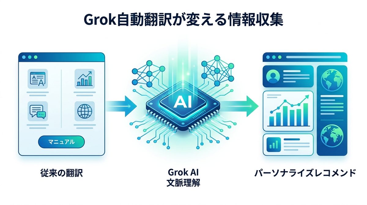 図解：【2026年最新】Grok自動翻訳が変える、ビジネスの情報収集プロセス