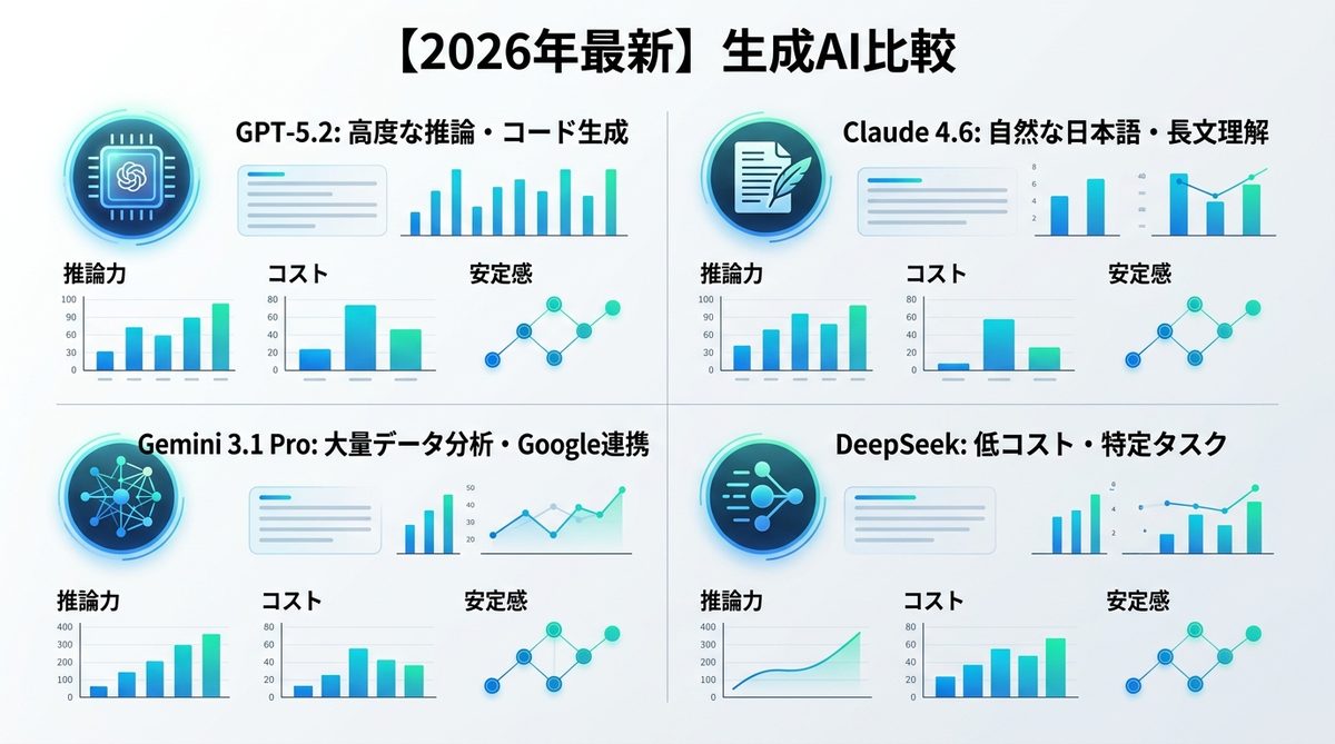 図解：【2026年最新】生成AI比較｜主要4モデルの性能と実務適性のリアル