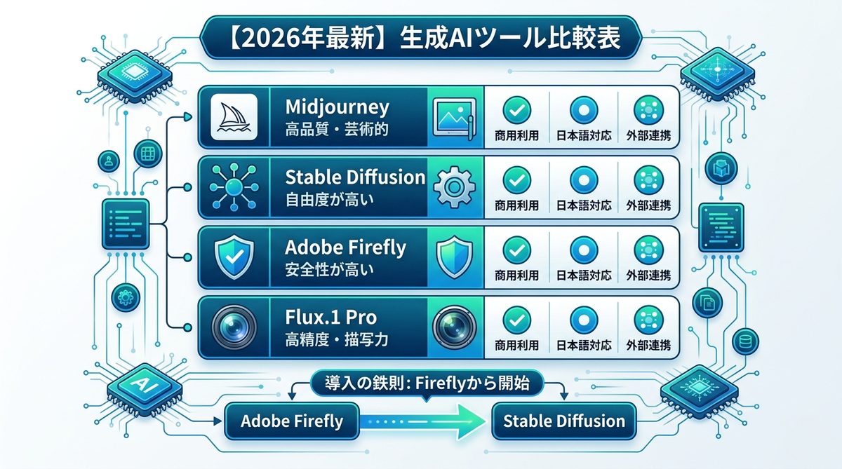 図解：【2026年最新】生成AIでイラスト生成を始める！目的別おすすめツール比較表