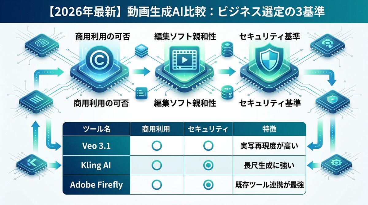 図解：【2026年最新】動画生成AI無料ツール徹底比較｜ビジネスで選ぶべき3つの基準