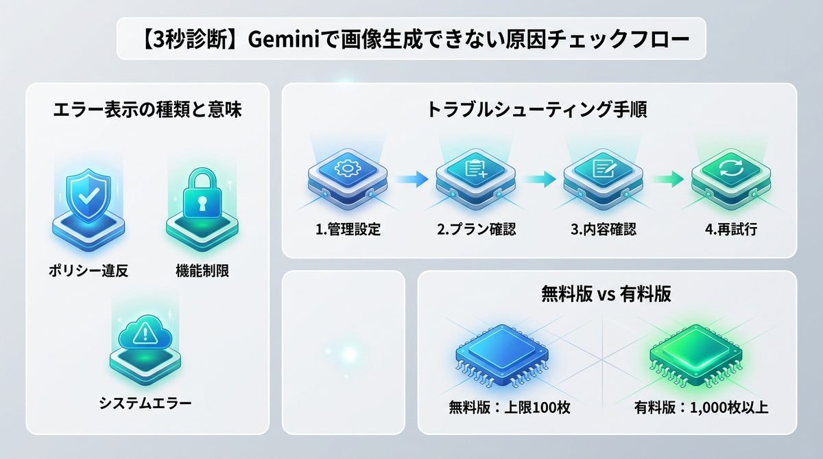 図解：【3秒診断】Geminiで画像生成できない原因チェックフロー