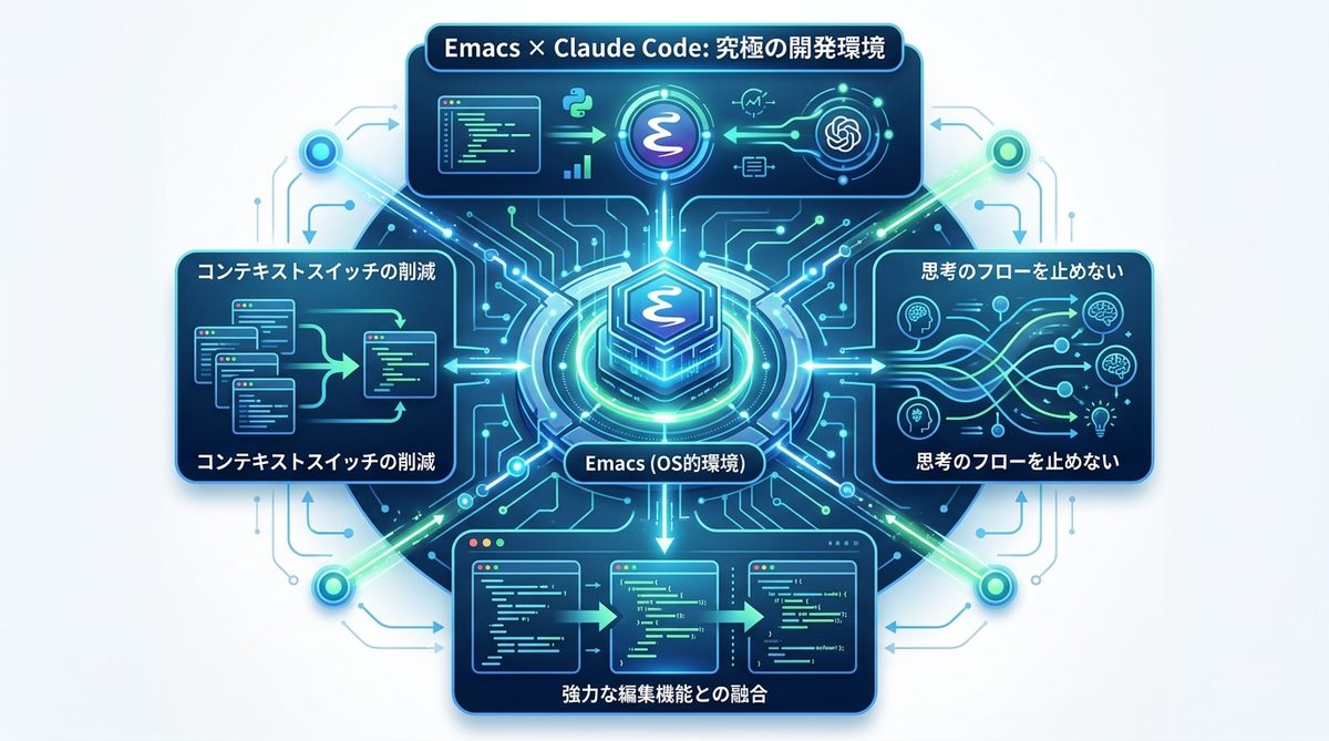 図解:なぜEmacsでClaude Codeを動かすのか?AI統合がもたらす開発の質