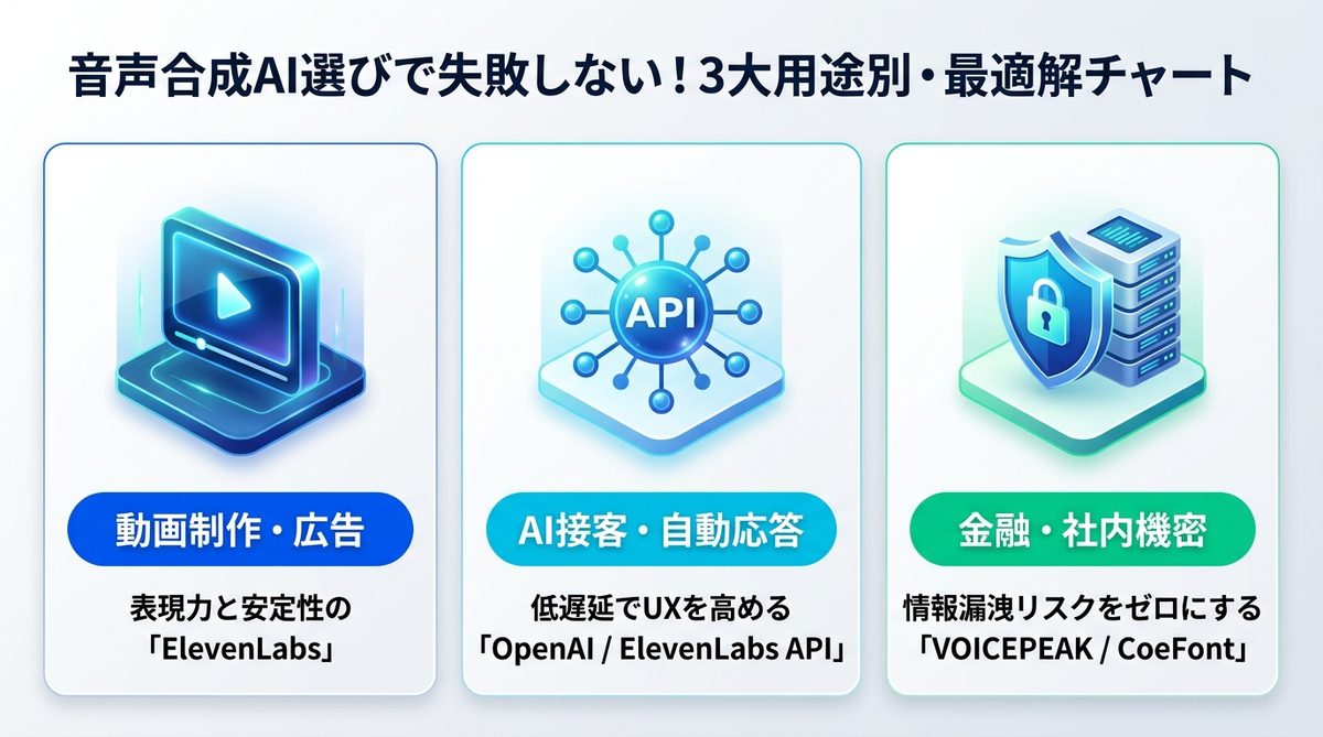 図解：音声合成AI選びで失敗しない！3大用途別・最適解チャート