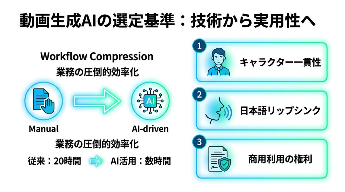 図解:動画生成AIの選定基準は「技術」から「成果物の実用性」へ