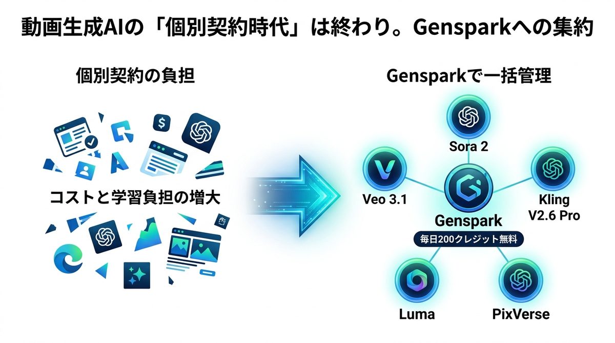 図解：動画生成AIの「個別契約時代」は終わり。なぜGensparkに集約するのか