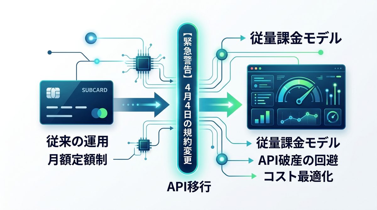 図解：【緊急警告】4月4日の規約変更で「Claude Pro」運用は限界へ