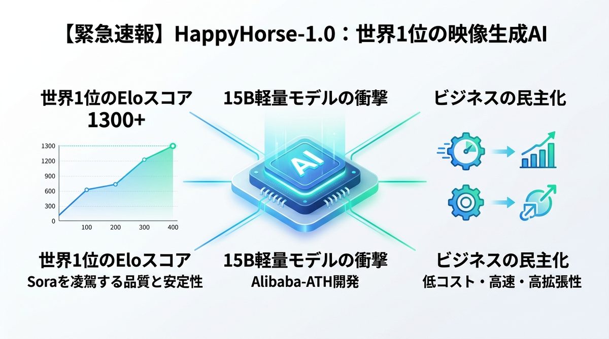 図解：【緊急速報】HappyHorse-1.0とは？世界1位の映像生成AIが変えるビジネスの未来