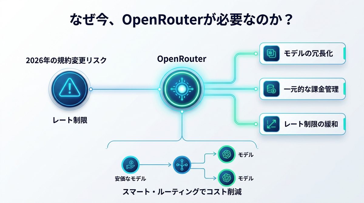 図解：なぜ今、自律型AIエージェントに「OpenRouter」が必須なのか？