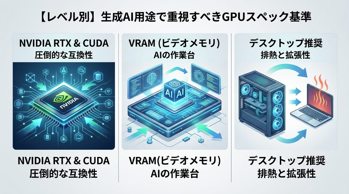 図解：【レベル別】生成AI用途で重視すべきGPUスペック基準