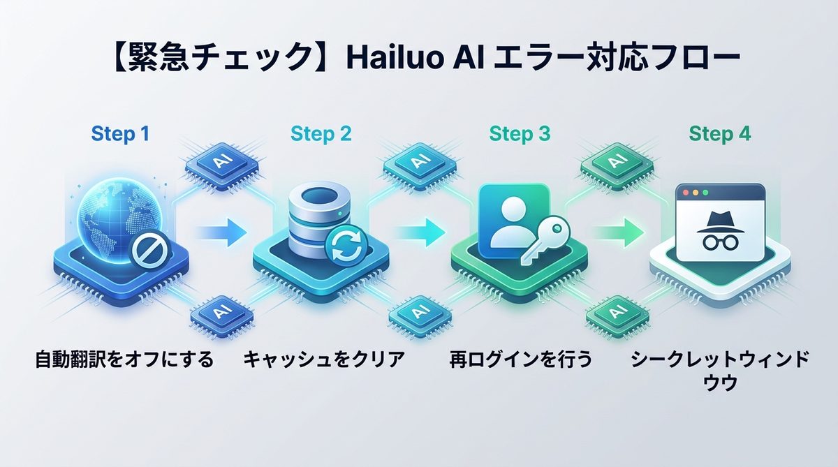 図解：【緊急チェック】Hailuo AIでエラーが起きた時の優先対応フロー