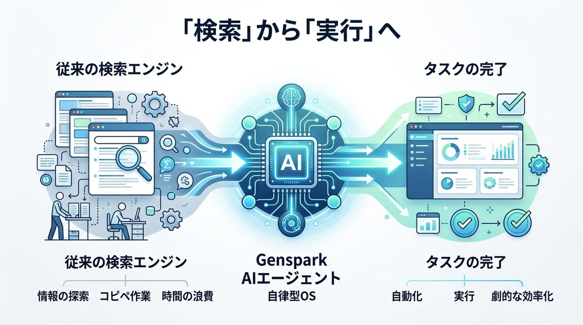 図解：「検索」から「実行」へ。Genspark ブラウザが実現するビジネス環境の劇的変化