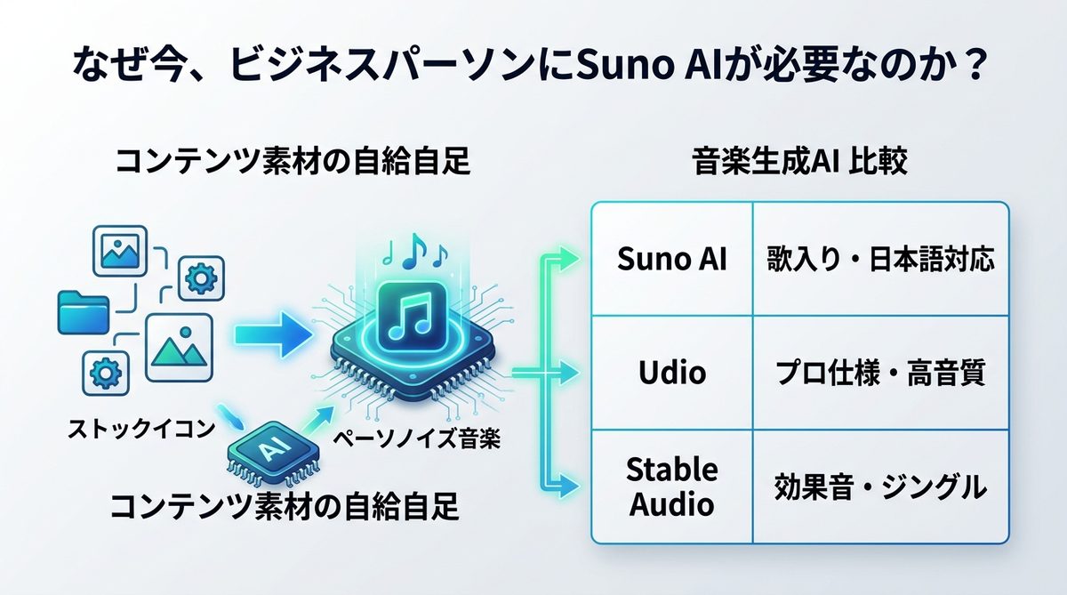 図解:なぜ今、ビジネスパーソンにSuno AIが必要なのか?