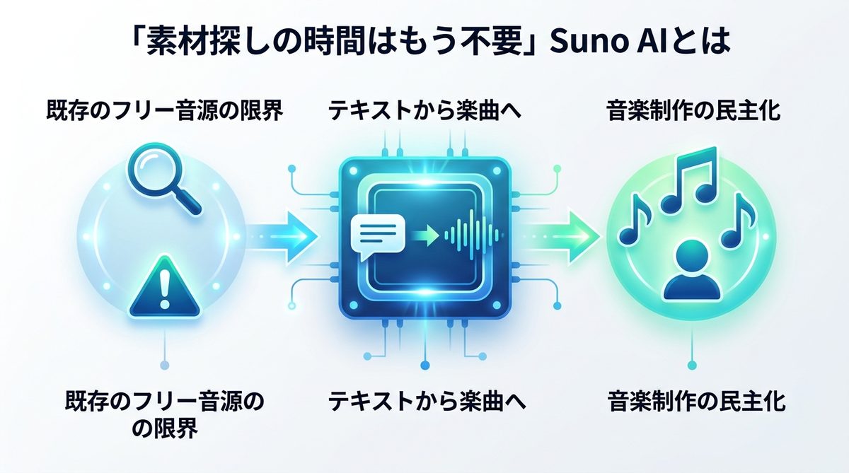 図解：「素材探しの時間はもう不要」Suno AIとはどんなサービスなのか