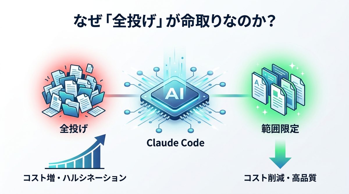 図解:なぜ「全投げ」が命取りなのか?Claude Codeで発生するコストの無駄とリスク