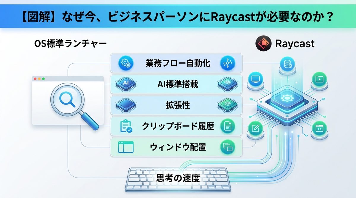 図解：【図解】なぜ今、ビジネスパーソンにRaycastが必要なのか？