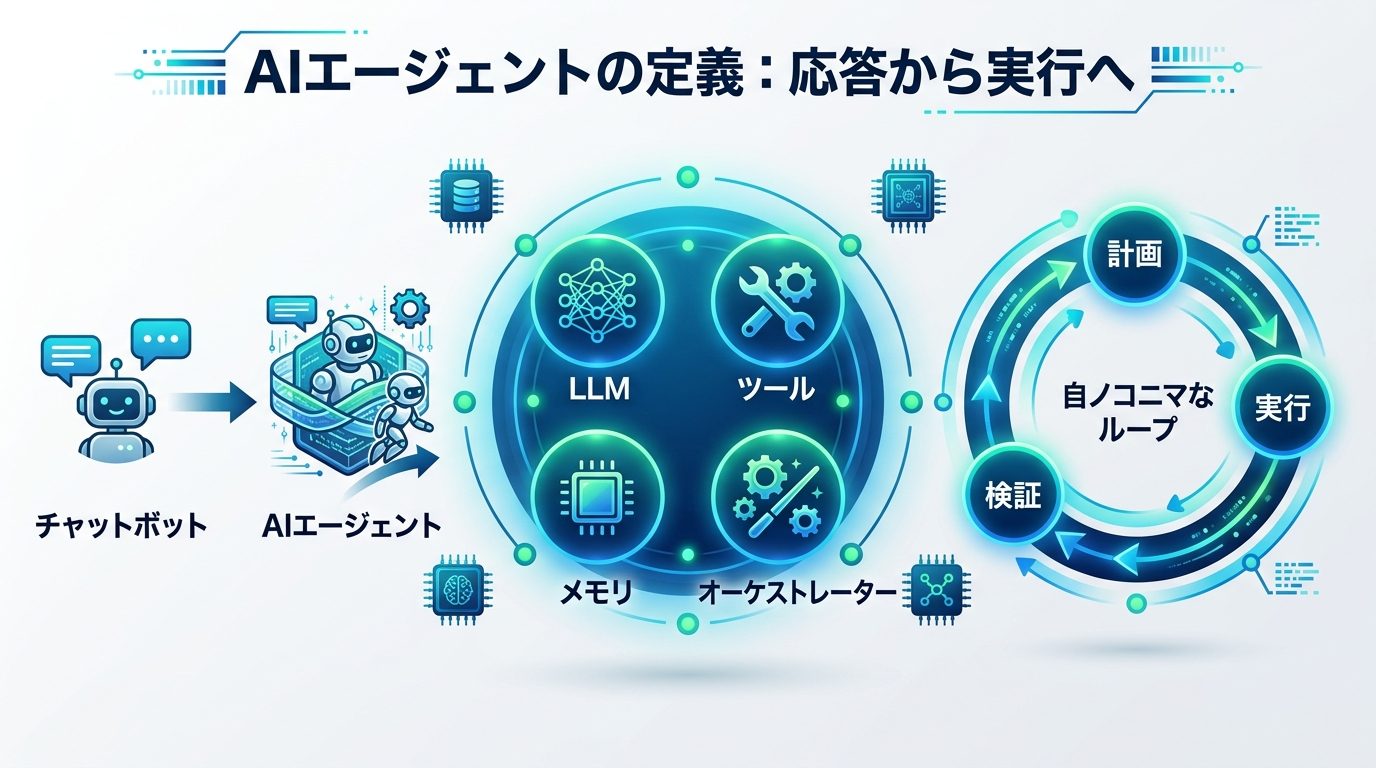 図解：【2026年版】AIエージェントの定義｜なぜ「応答」から「実行」へ進化したのか