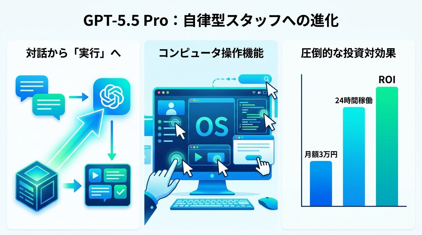 図解：GPT-5.5 Pro とは？「対話型AI」から「自律型スタッフ」への進化
