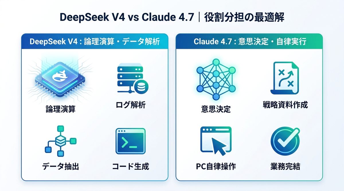 図解：DeepSeek V4 vs Claude 4.7｜役割分担の最適解