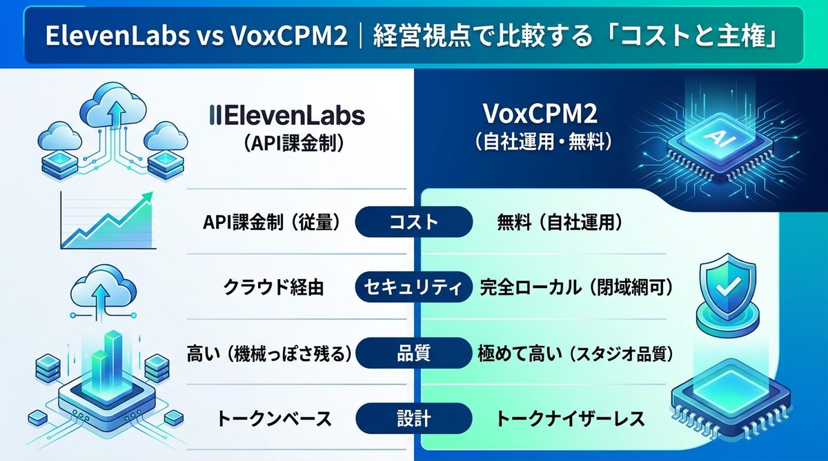 図解：ElevenLabs vs VoxCPM2｜経営視点で比較する「コストと主権」