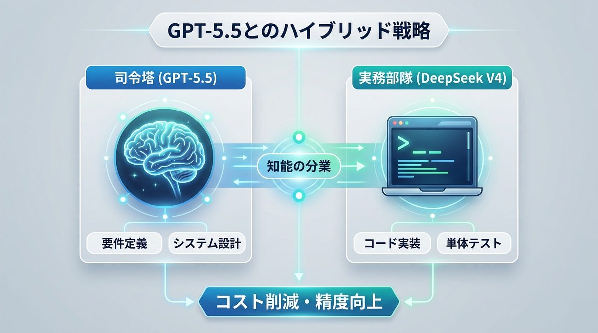図解：GPT-5.5とのハイブリッド戦略｜開発効率を最大化する「司令塔と実務部隊」の住み分け