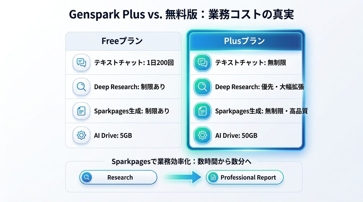 図解：Genspark Plusは高い？無料版と比較した「業務コスト」の真実