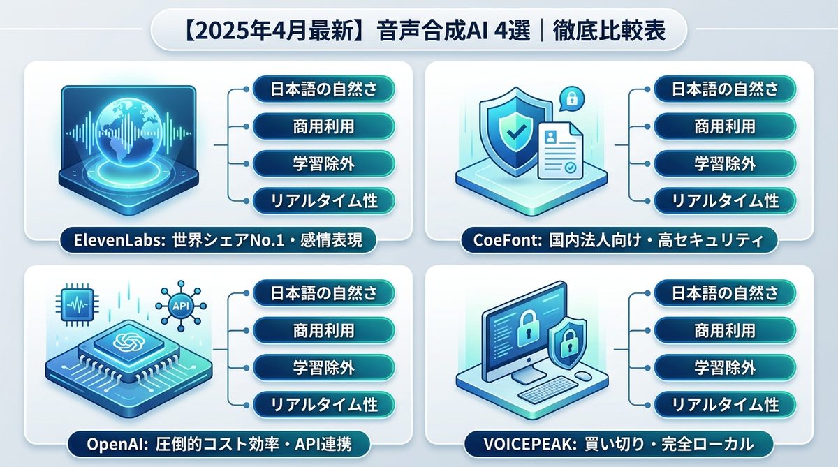 図解：【2025年4月最新】音声合成AI 4選｜徹底比較表