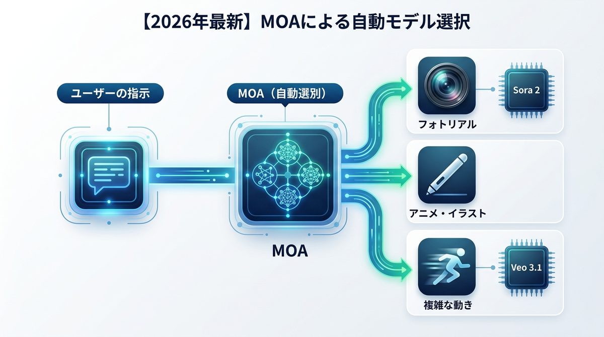 図解：【2026年最新】「MOA（自動モデル選択）」が実現するプロ級の動画生成